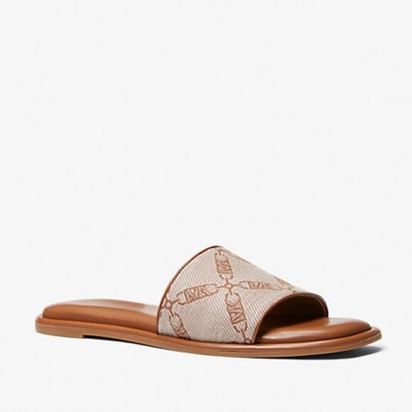 NEW MICHAEL KORS Hayworth Empire Logo Jacquard Slide Sandal Brown Size 9 - Picture 1 of 4